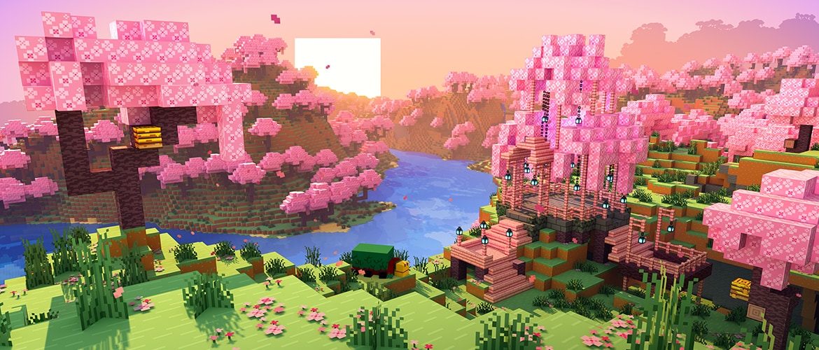 Minecraft 樱花群系中的河谷与木屋